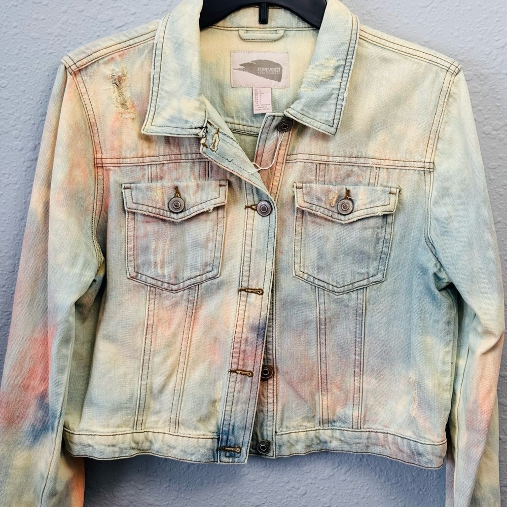 Upcycled Forever 21 Jean Jacket, painted Cream and Pink